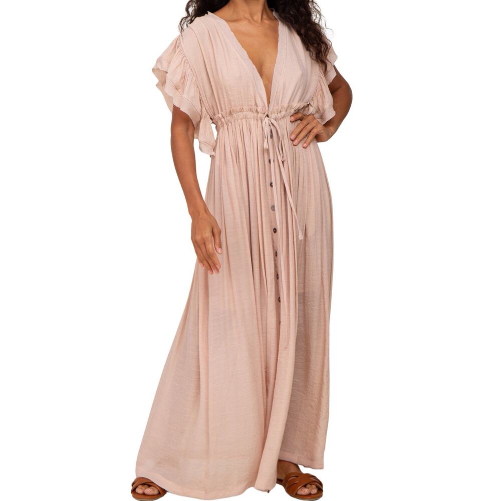 NWT Vine Tree Ruffle Sleeve Maxi Dress Womens S Deep V Boho Blush Pink Ethereal
